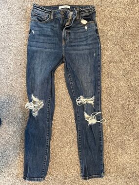 eunina Dark Blue Distressed Mom Jeans